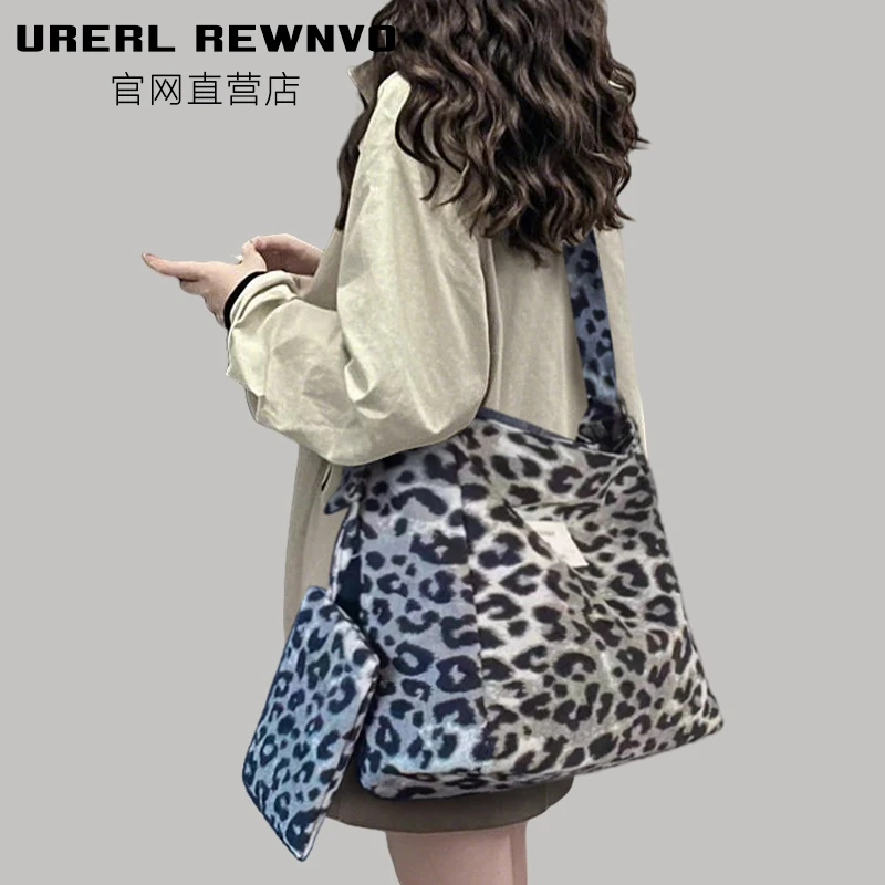 URERL REWNVO毛呢豹纹托特包女2025新款大容量豹纹通勤子母斜挎包