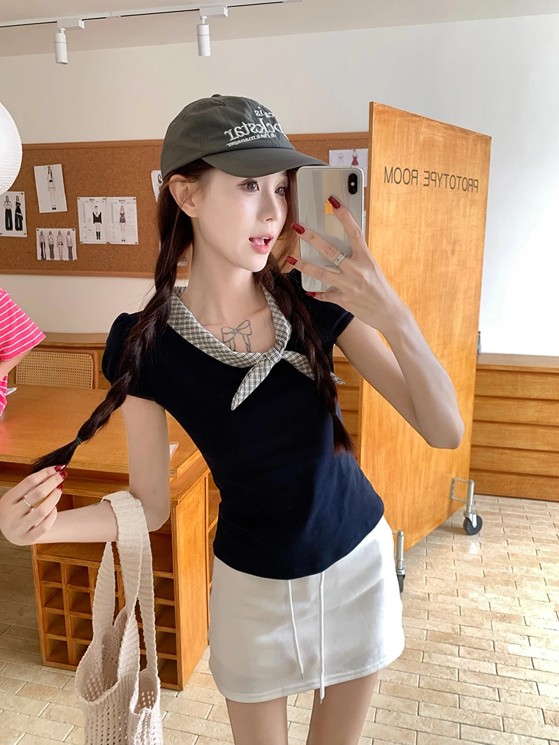 纯棉蝴蝶结甜美复古撞色短袖T恤女夏季小众绑带修身显瘦百搭上衣