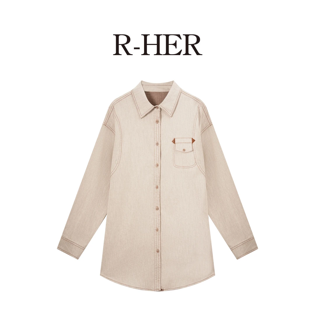 R-HER【口袋衬衣】新款复古浅蓝色牛仔女长袖韩版宽松