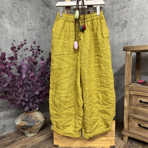 小九 原创亚麻复古休闲时尚宽松裤子    裤长96臀围152