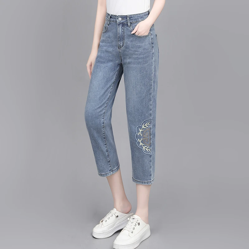 小个子2025夏薄款刺绣高腰七分牛仔哈伦裤小脚裤网红洋气炸街女装