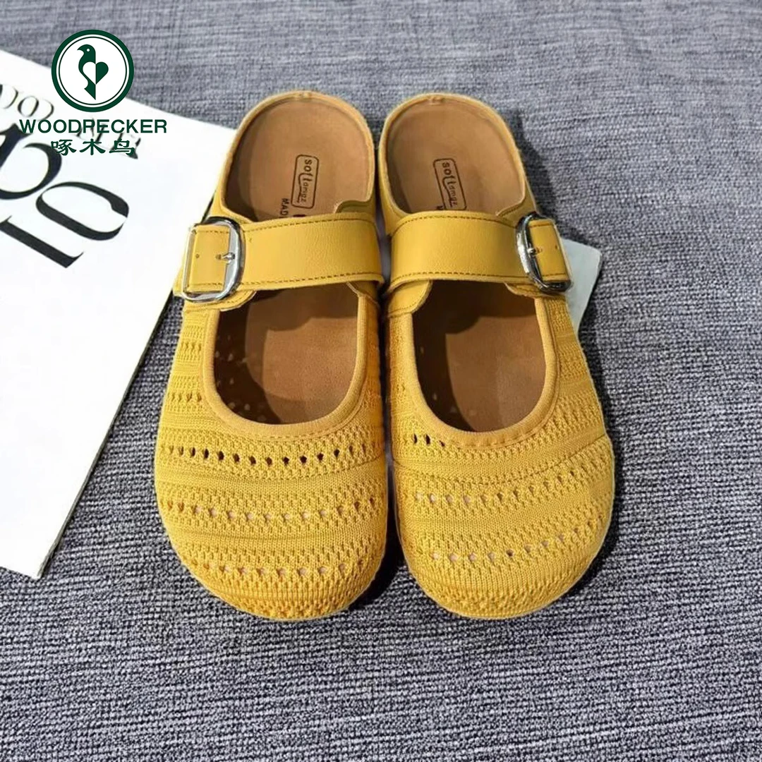 啄木鸟厚底编织镂空透气包头半拖女外穿2025春夏新款软底凉拖鞋