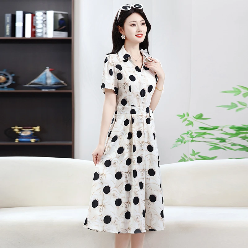 中年女时尚连衣裙优雅波点夏季2024新款气质系带收腰裙子高级显瘦