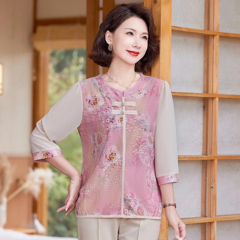 妈妈新中式大码妈妈装气质洋气中老年时尚夏季中年小衫减龄遮肚