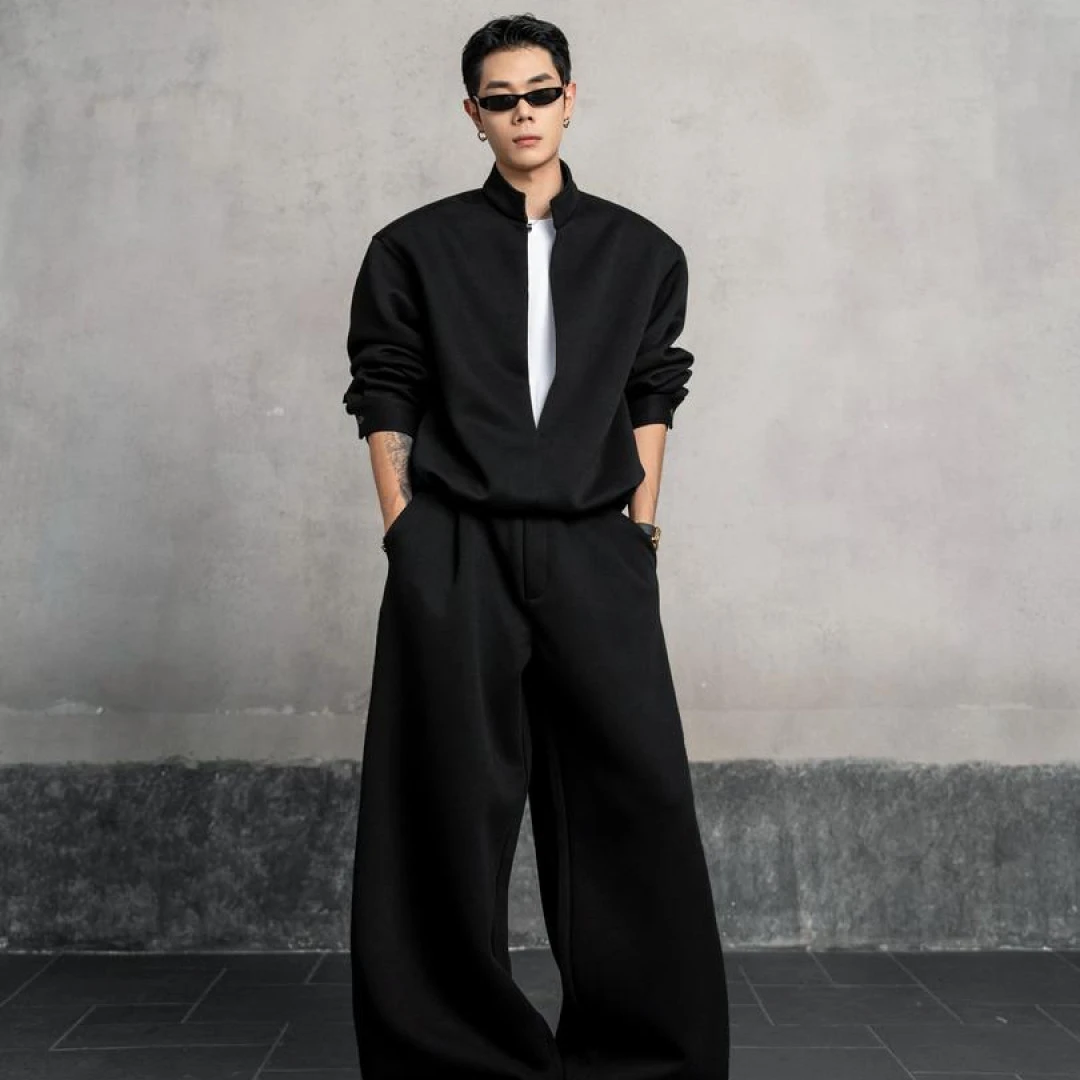 DBW Doublewin休闲层次感假两件立领卫衣男宽松百搭卫裤套装127