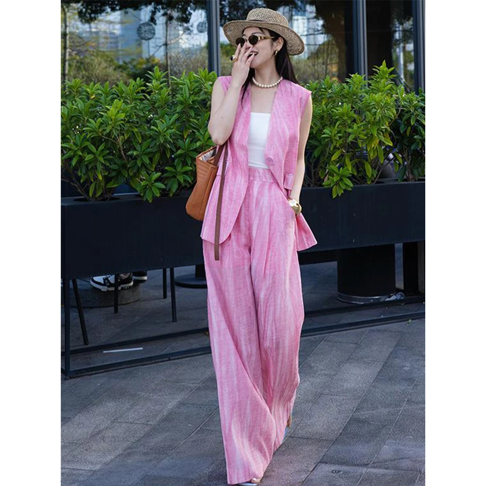 2025夏季新款洋气减龄设计感粉色气质西装马甲阔腿裤两件套套装女