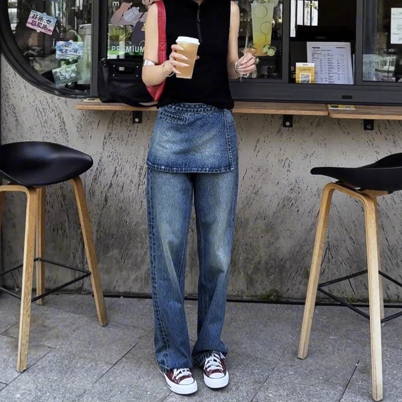 复古可拆卸两件式直筒牛仔裤女大码秋季新款高腰显瘦松弛感阔腿裤