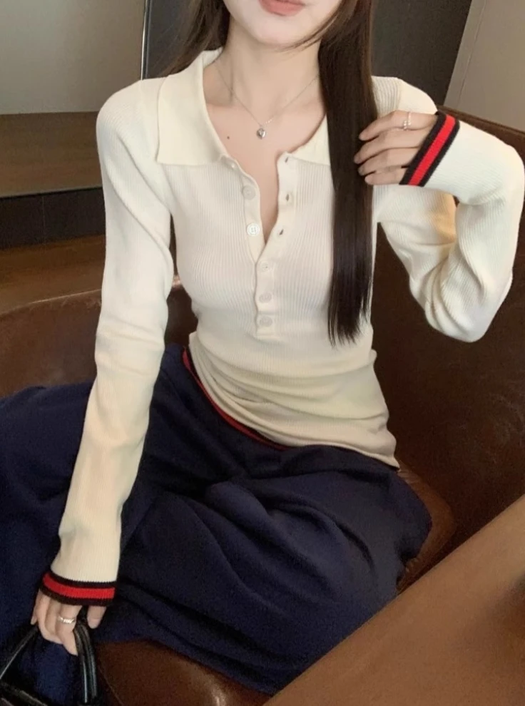韩版2025小众撞色Polo领针织衫修身显瘦别致上衣百搭小众设计