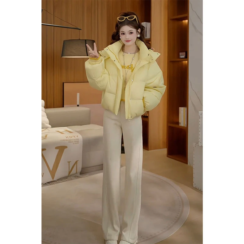 2025年小清新甜美气质穿搭两件套连帽加厚长袖棉服高腰显瘦直筒裤