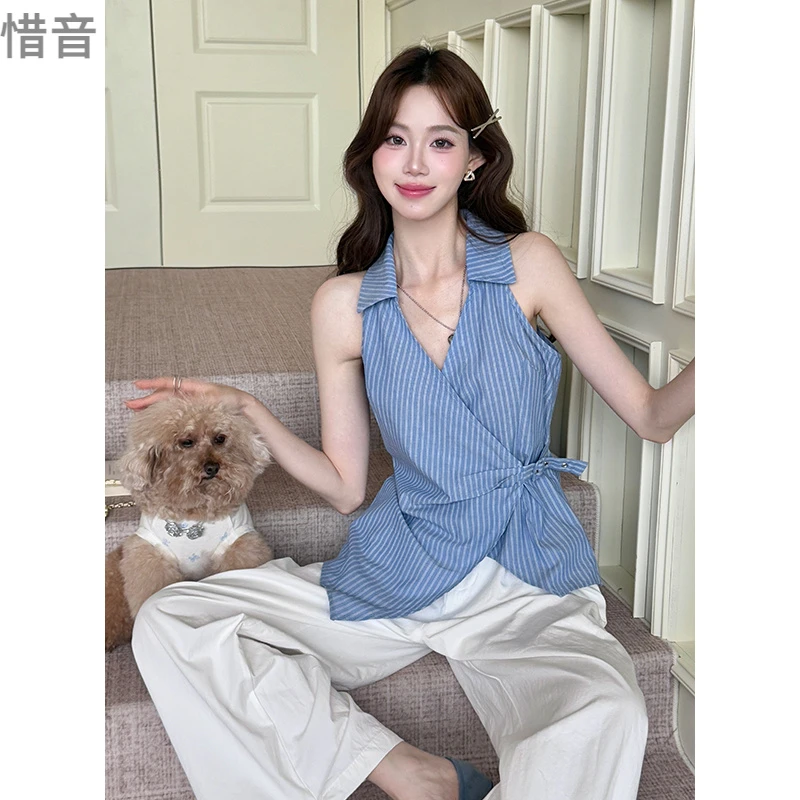 实拍 原版品质夏季新款不规则条纹上衣小衫无袖衬衫女