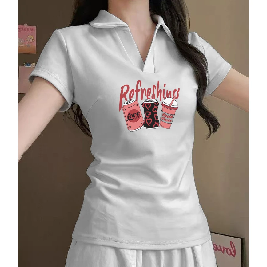 t恤女修身显瘦夏季休闲小众复古白色翻领上衣美式正肩POLO衫短袖