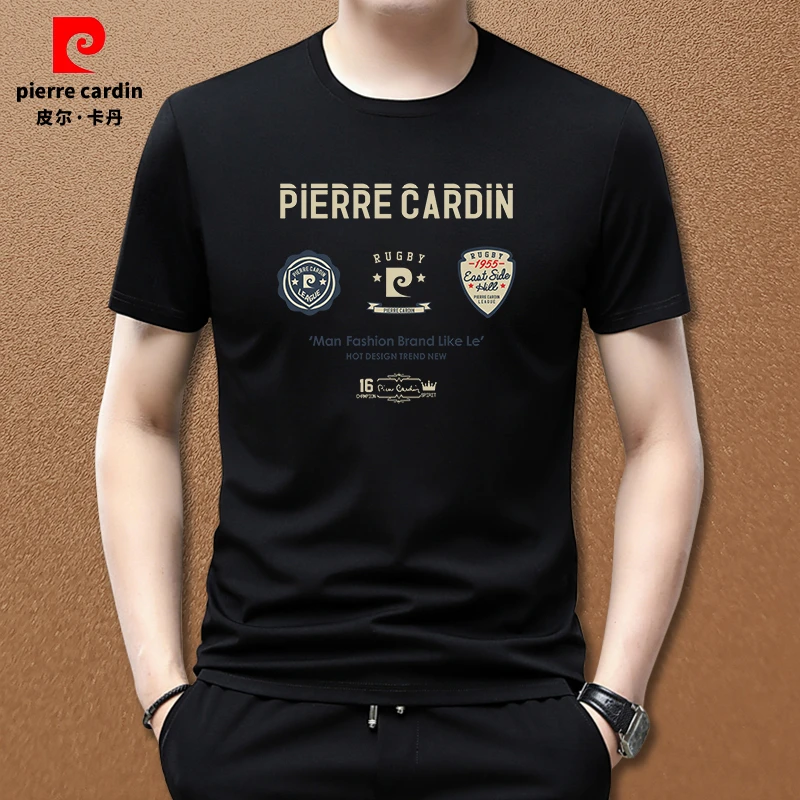 皮尔卡丹高端男装圆领上衣服百搭修身修身黑色简约字母中青年款