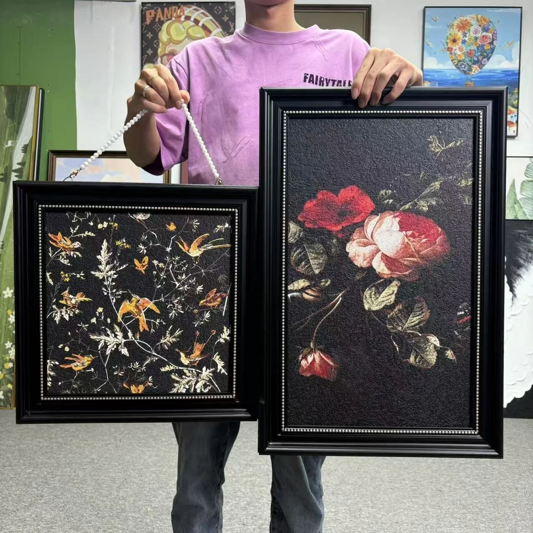 中古风玄关矮柜画法式小众高级感卧室床头挂画复古客厅组合画360