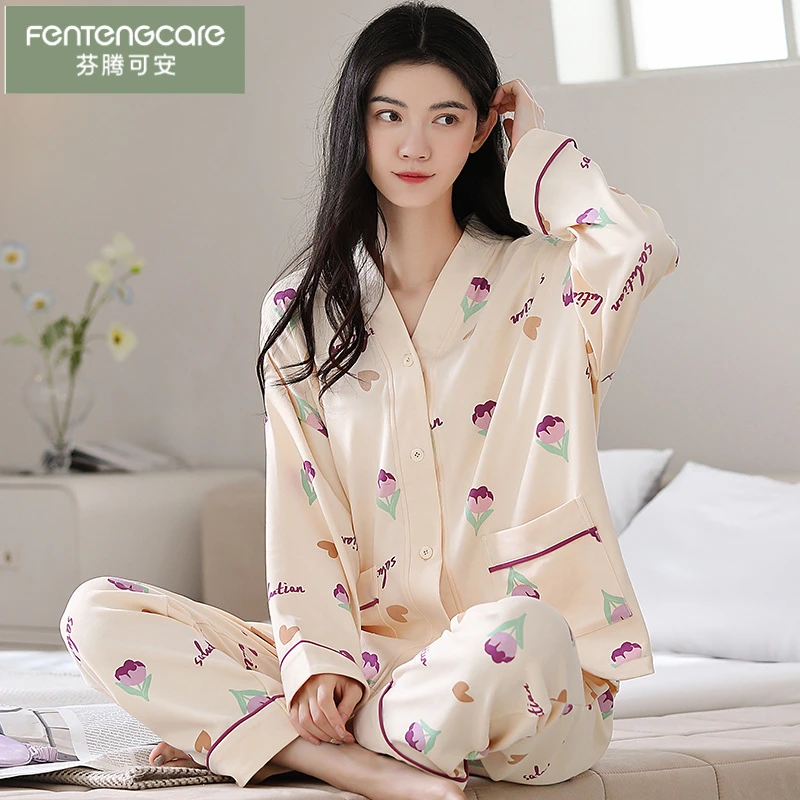 芬腾可安V领开衫新款睡衣女春秋款冬季全棉家居服纯棉长袖休闲甜