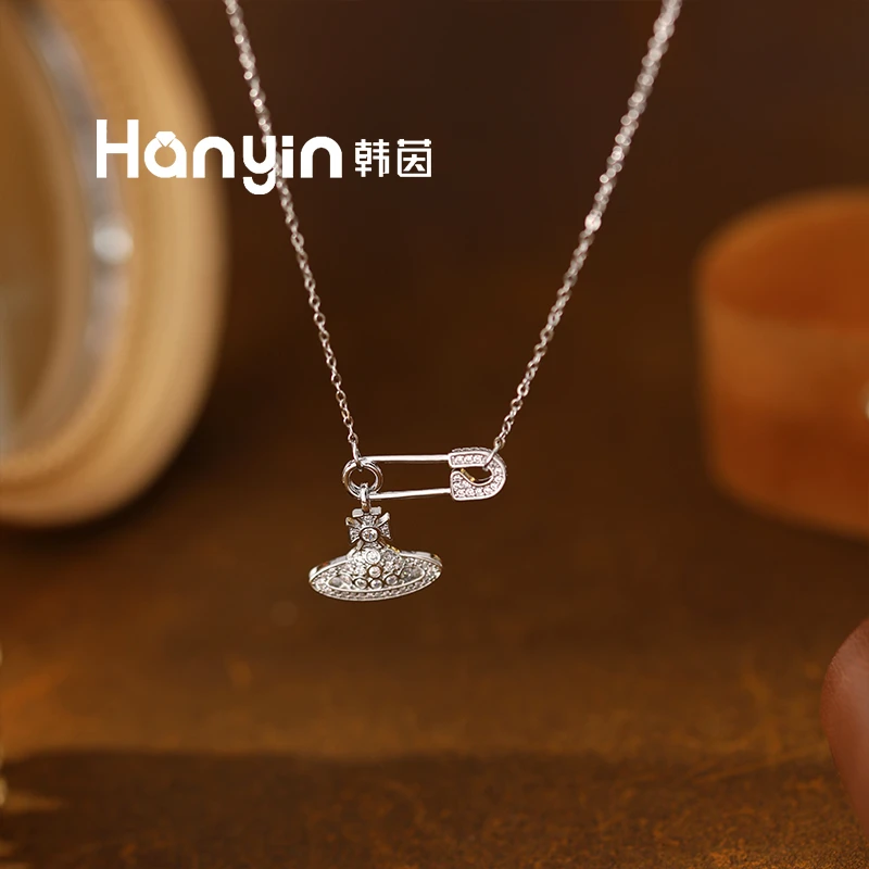 铜合金合成锆石项链 高定轻奢回形针土星项链AAA