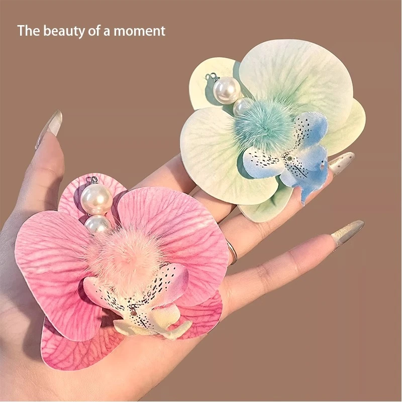 超仙蝴蝶兰毛球发夹新款花朵边夹前额侧边夹海边拍照度假头饰头花