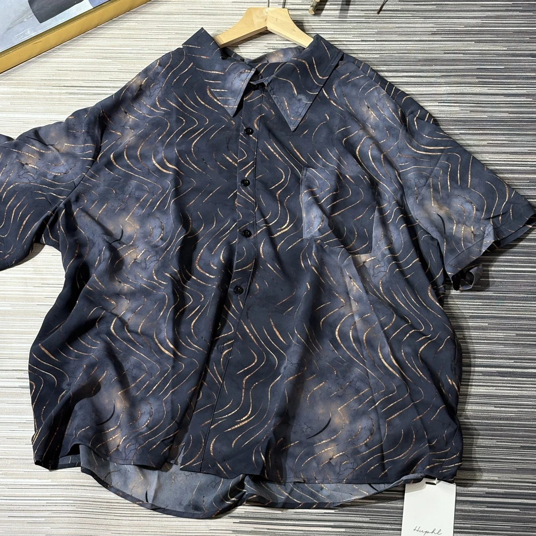 加肥加大码男装短袖t恤花衬衫暗金线条美学扎染古巴领宽松痞帅