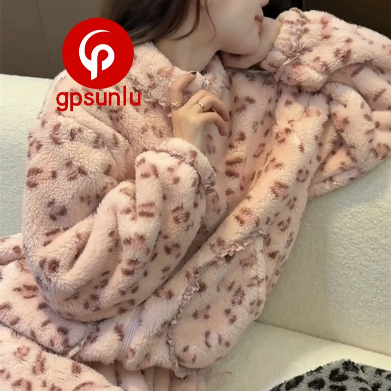 【高端小众】软糯珊瑚绒加厚保暖豹纹睡衣女款2026秋冬款甜美居家服