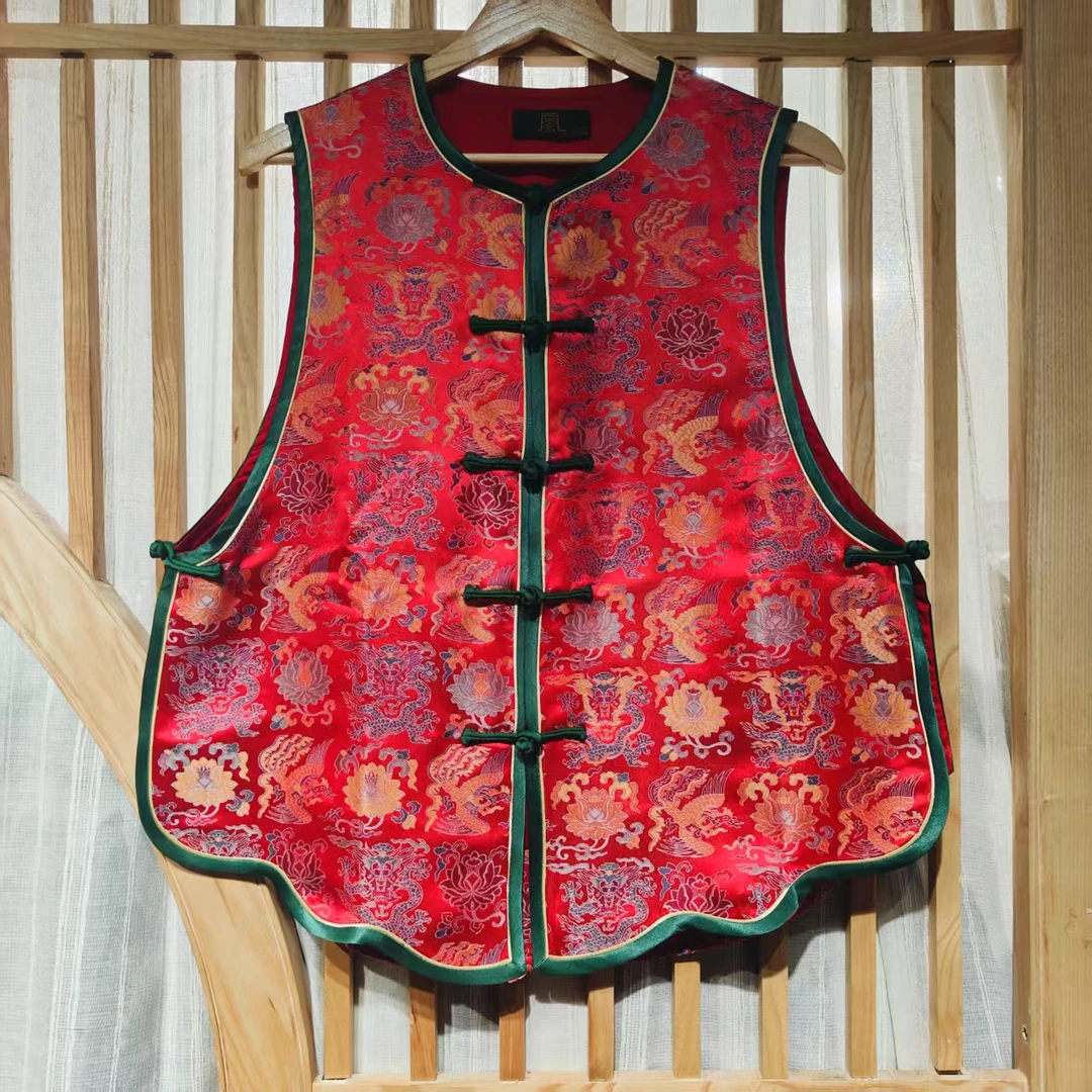 凤徕兮私人定制红色龙凤暗纹花绿色对襟盘扣圆领短马甲（LS485）