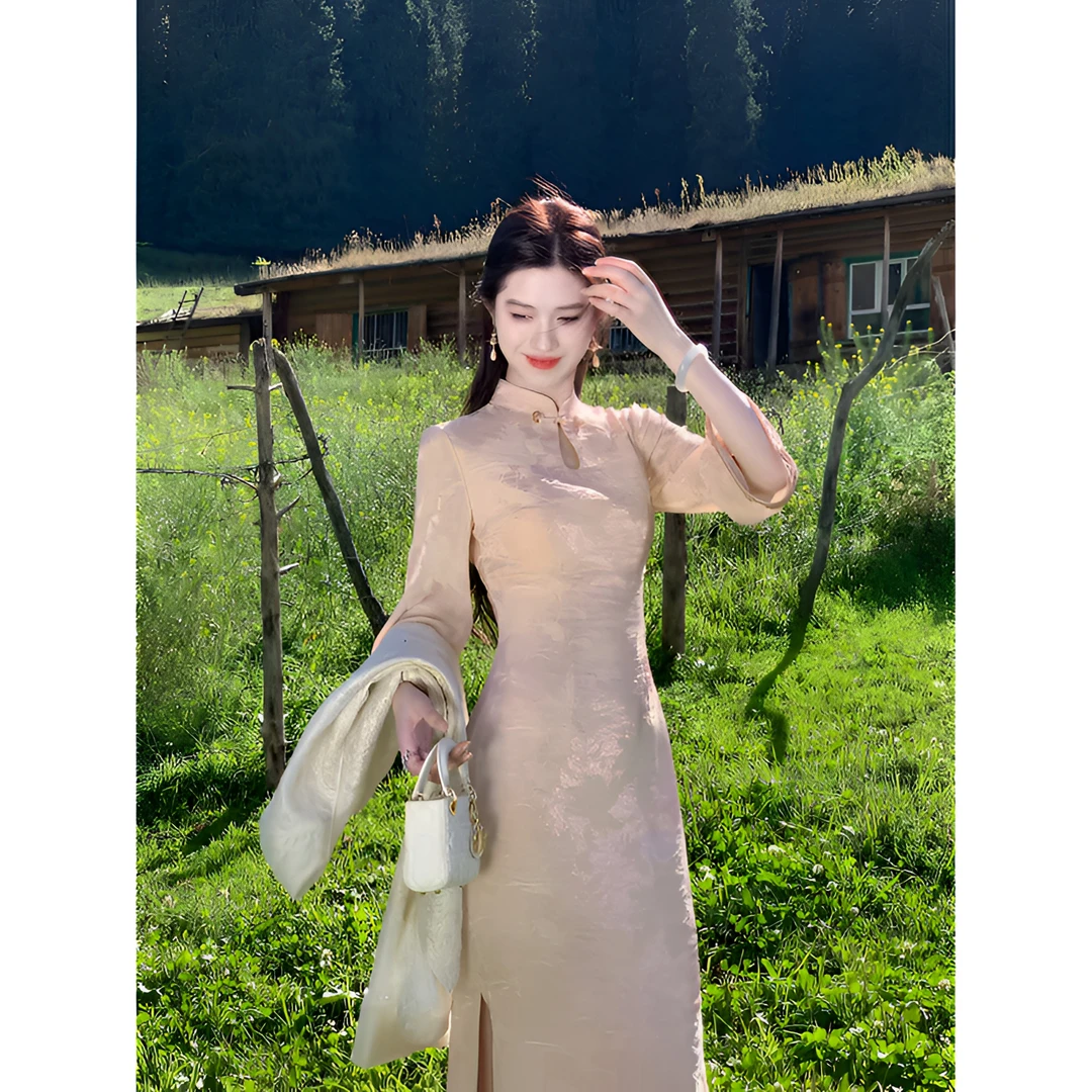 凌茜恣禾【甜月香】国风新中式提花镂空旗袍领连衣裙复古改良旗袍裙