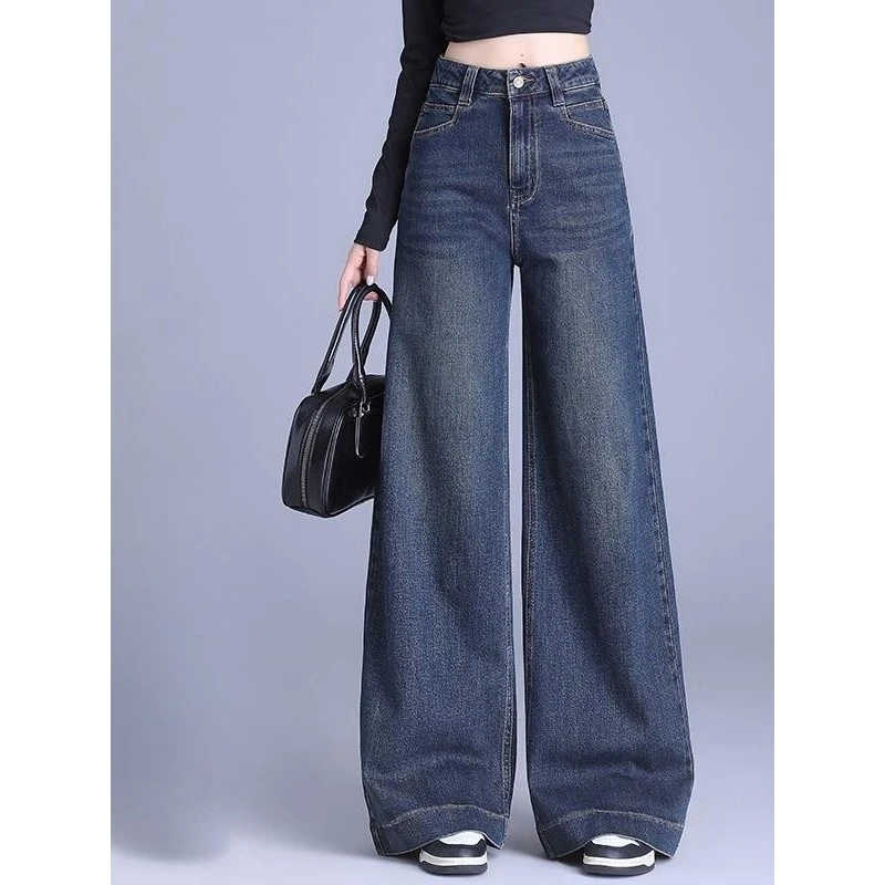 高腰阔腿牛仔裤女2025春秋新款加绒加厚宽松显瘦垂感大裤脚直筒裤