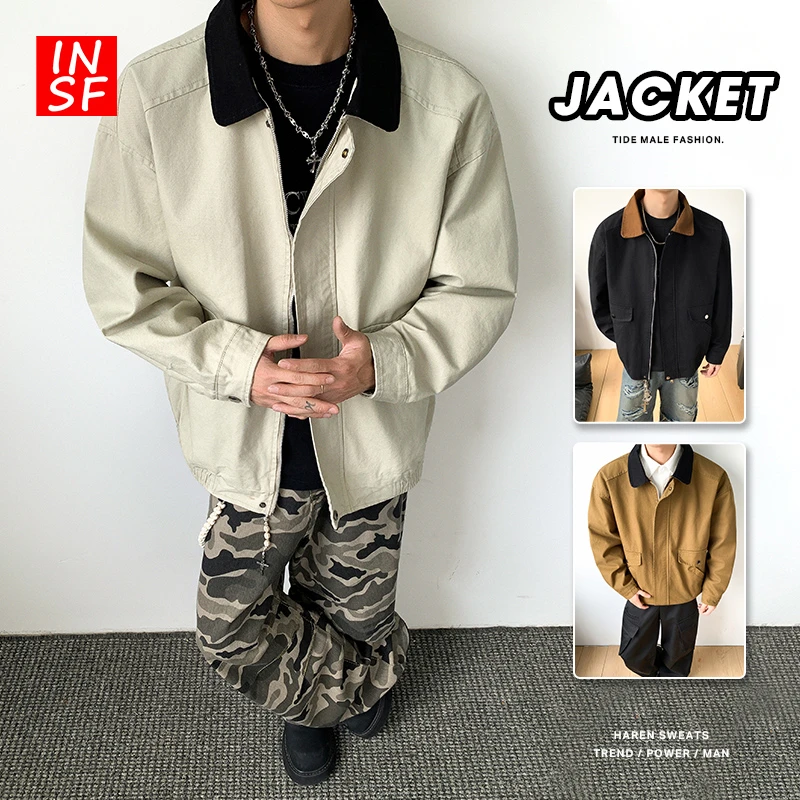 美式复古纯棉夹克外套男款春秋2025新款潮牌翻领工装大码上衣男生
