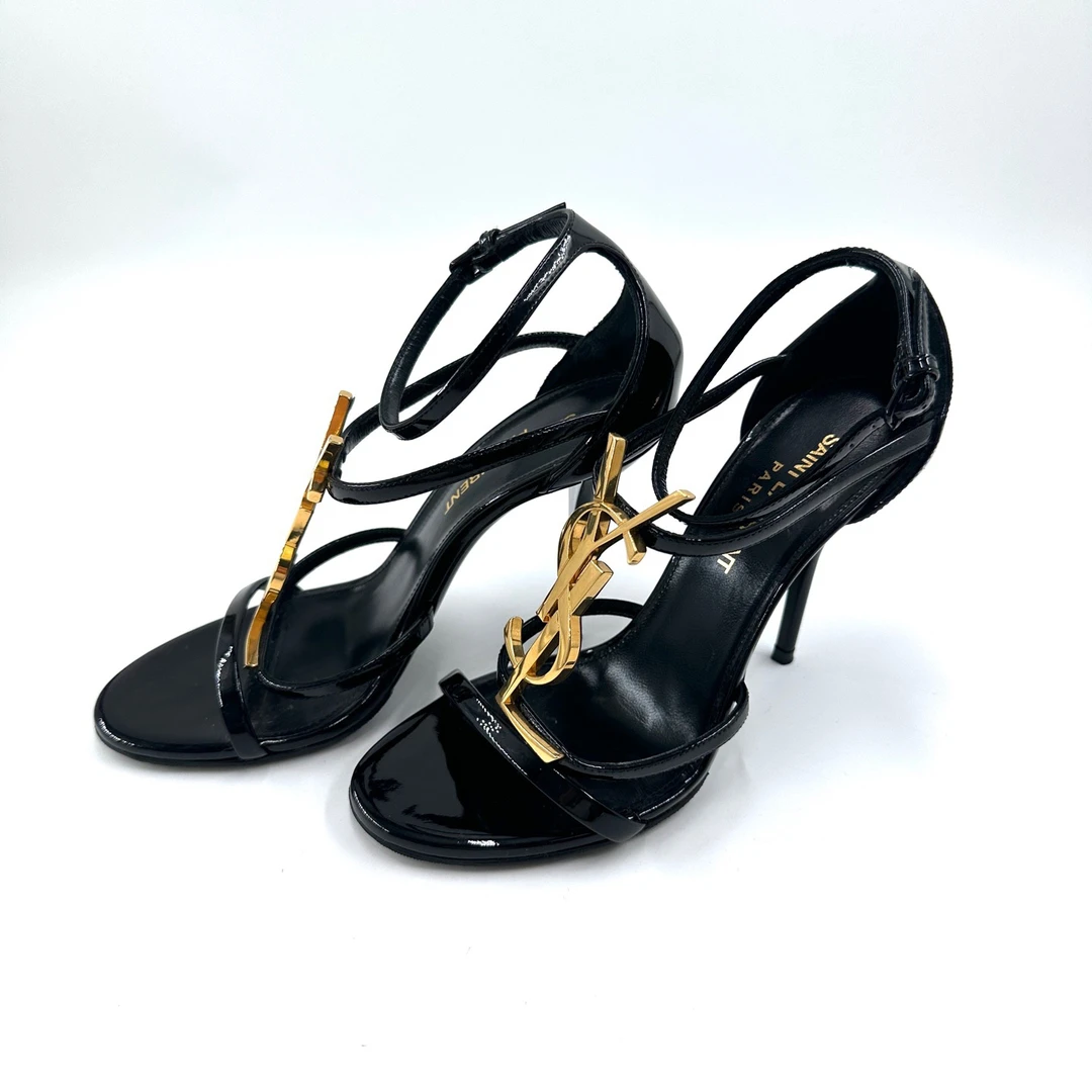 95新 YSL/圣罗兰 98新/35码/黑色漆皮高跟凉鞋/跟高10/如图/08654