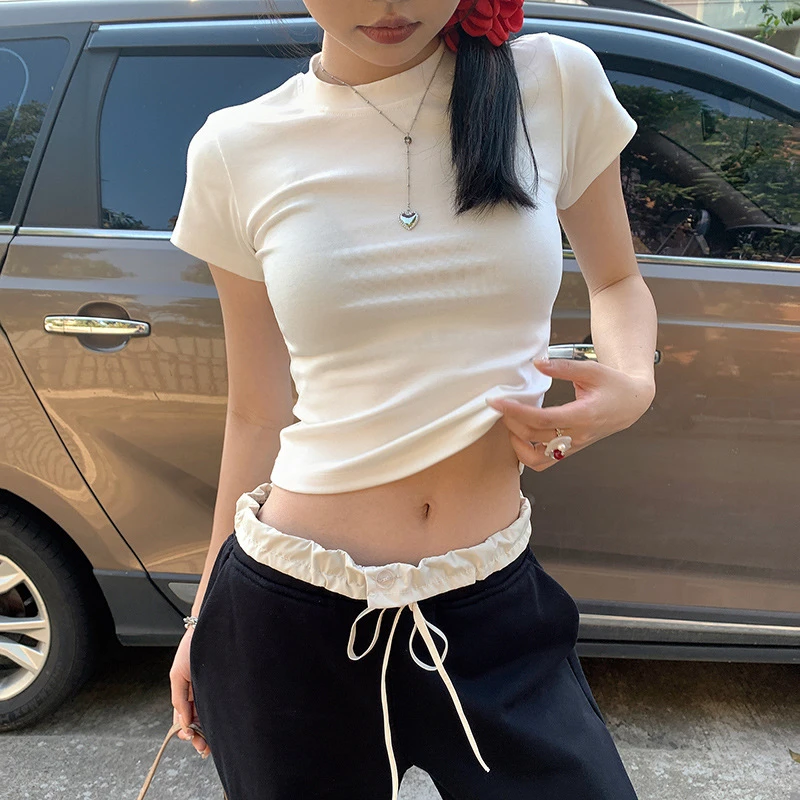 【今茵】正肩修身t恤2024新款夏纯色百搭显瘦短袖辣妹上衣基础款