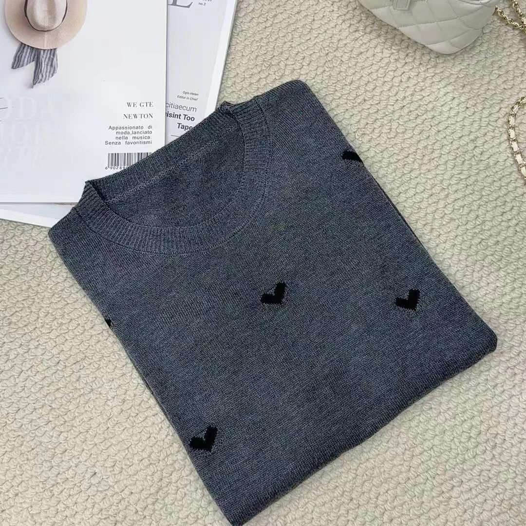 【羊毛桑蚕丝】爱心提花经典黑灰针织衫圆领女装打底衫T恤短袖