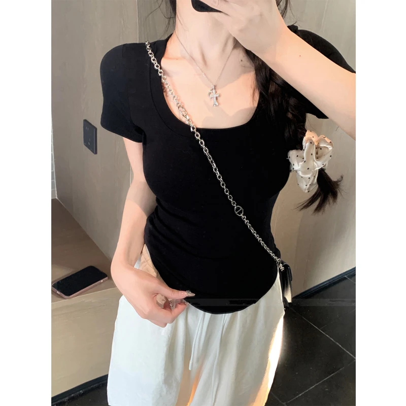 U领正肩白色短袖t恤女夏季新款修身收腰显瘦纯色基础款辣妹短上衣