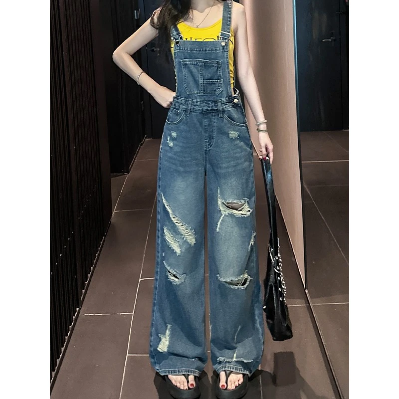 美式复古破洞牛仔背带裤女夏季新款设计感宽松工装连体阔腿拖地裤
