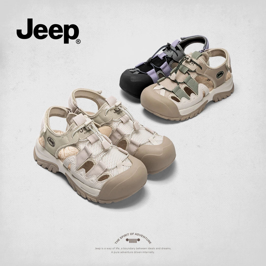 jeep包头凉鞋女款2025新款夏季女鞋厚底防滑镂空洞洞运动凉鞋外穿