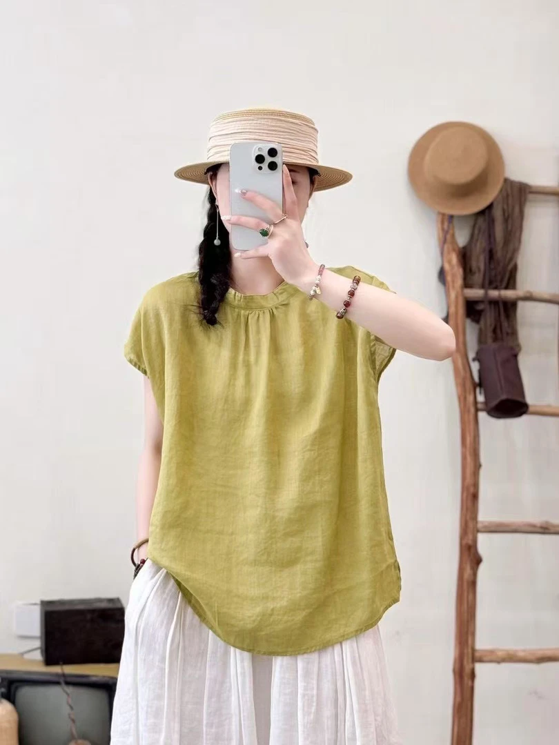 前后两面穿纯苎麻圆领衬衣