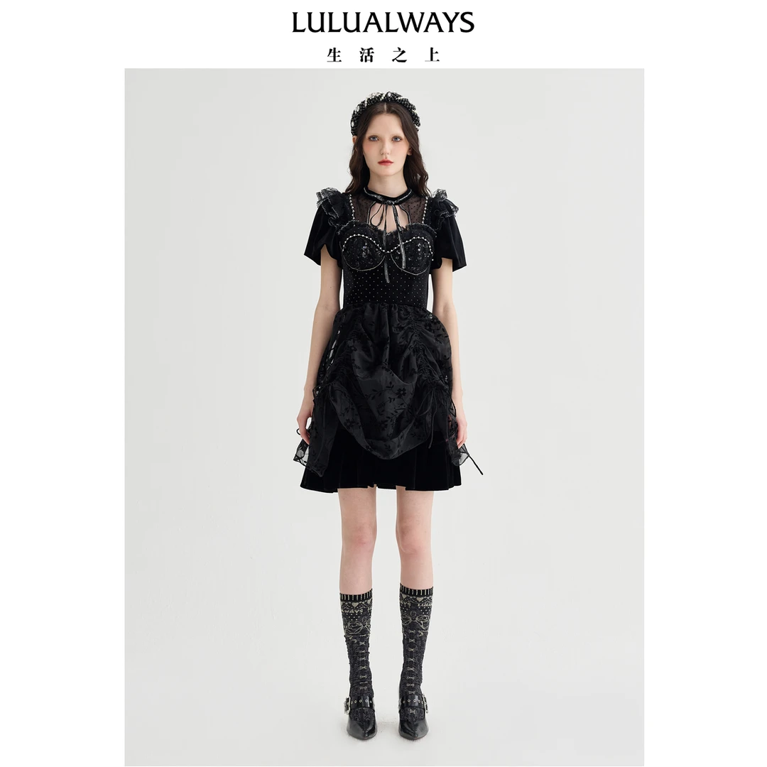 LULUALWAYS【商场同款】25春季新款黑丝绒贵气优雅蕾丝拼接连衣裙