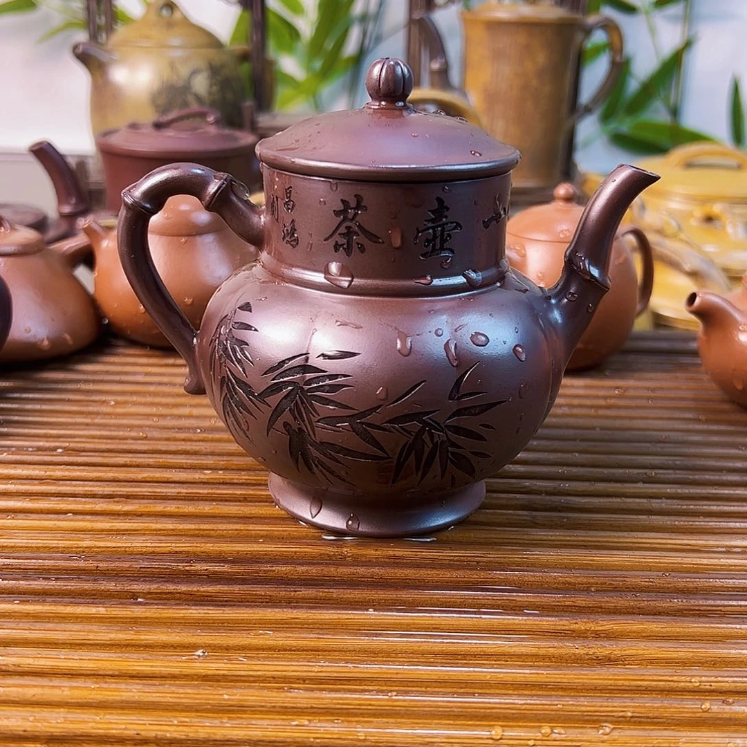 紫砂茶壶宫灯石红300cc