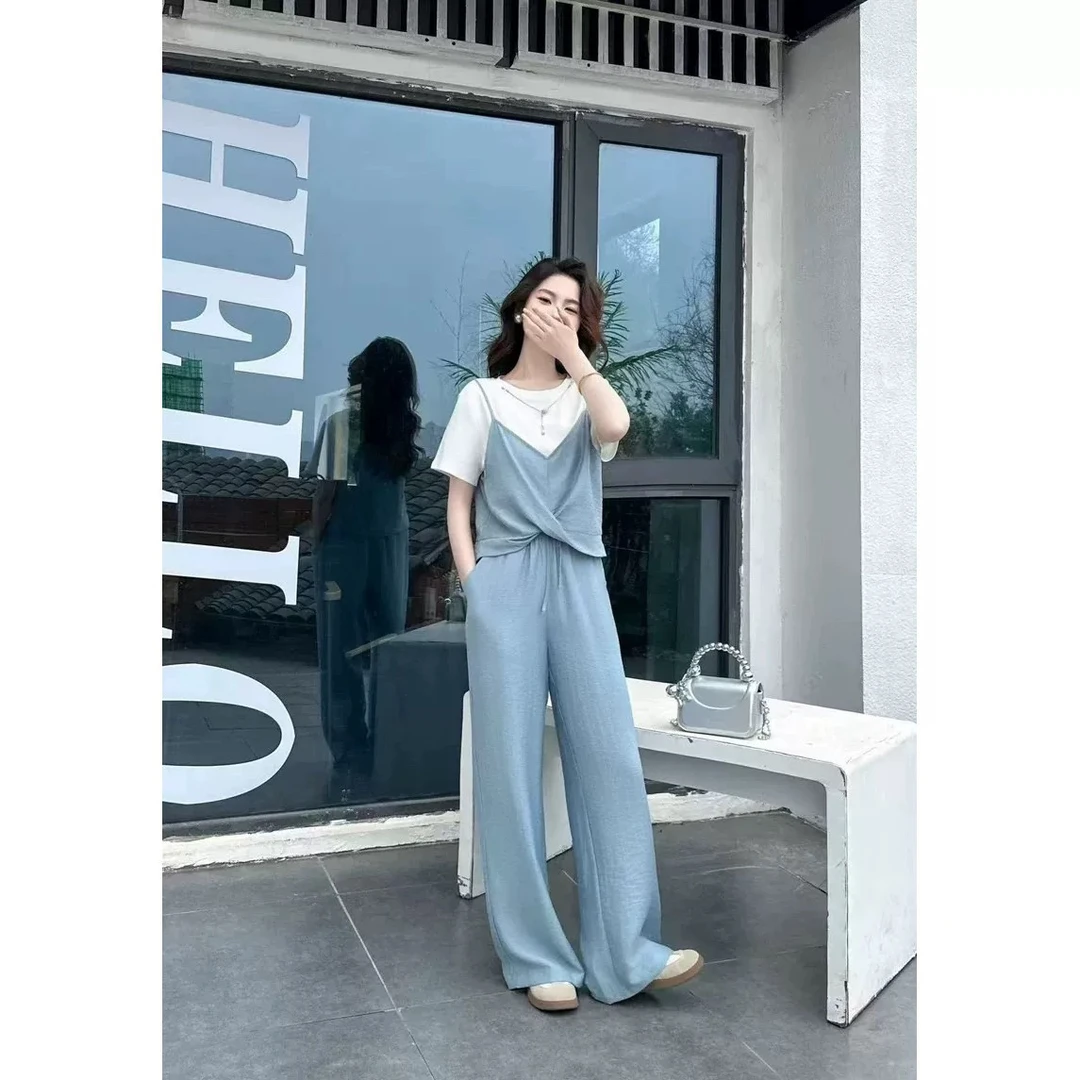 5259夏季新款时尚设计感小众拼接假两件小衫搭配高腰阔腿裤两件套