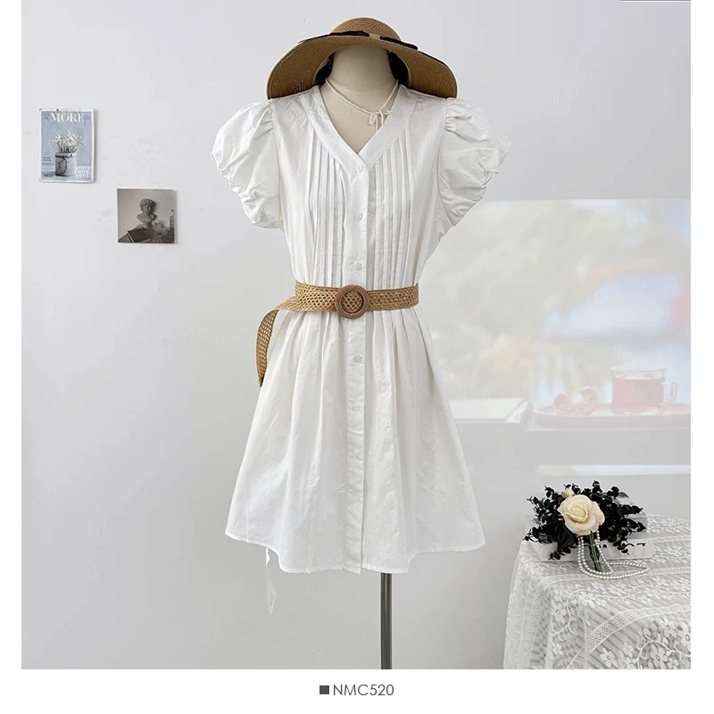 新疆包邮【819-1】泡泡袖压褶连衣裙-长款111 短款85