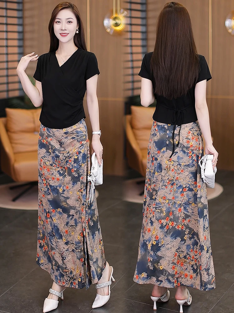 时尚套装女2025夏季新款洋气显瘦绑带上衣压褶开叉半身裙两件套潮