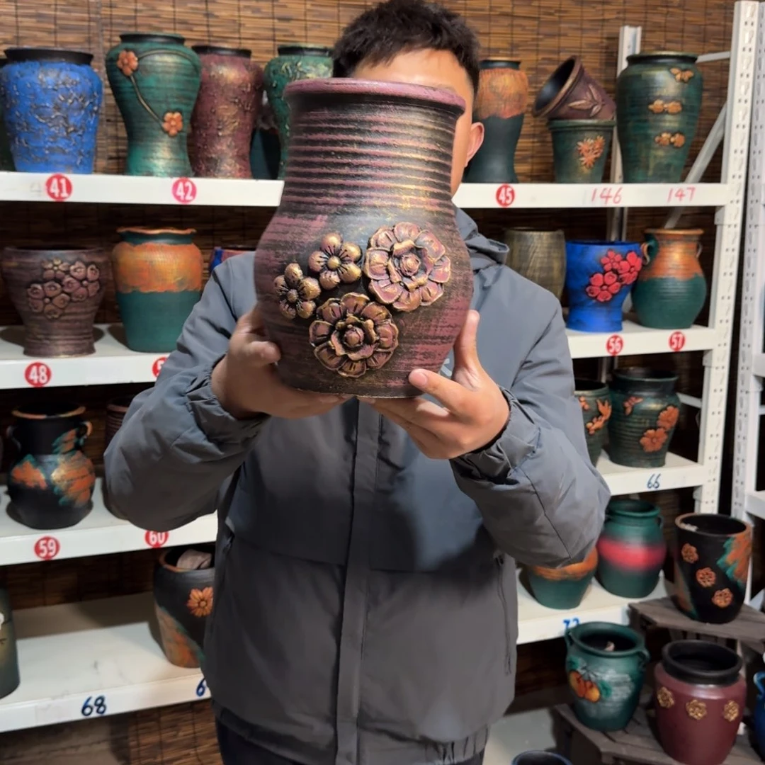 红陶红陶浮雕花盆炸炸炸