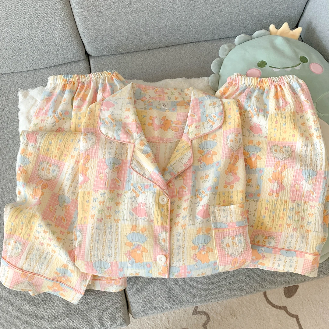 夏季短袖睡衣女粉色小熊甜美三件套云朵棉卡通学生可外穿家居服
