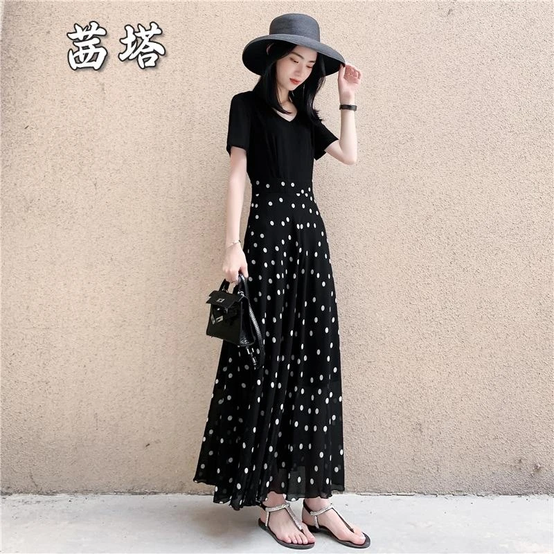 黑色雪纺波点长裙女2025夏季新款法式赫本修身显瘦遮肉大码连衣裙