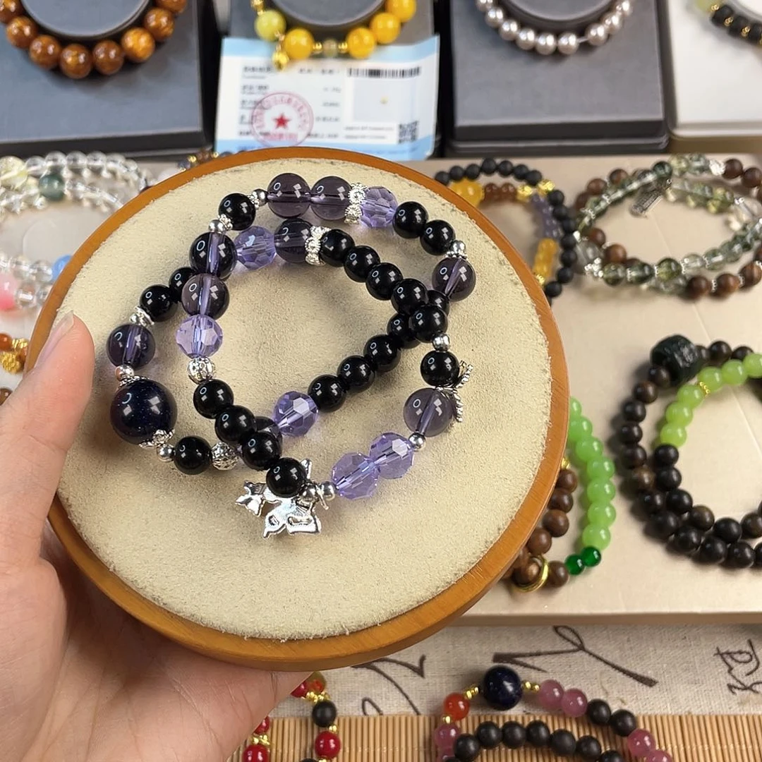 黑曜岩手饰银S925镀金镶嵌