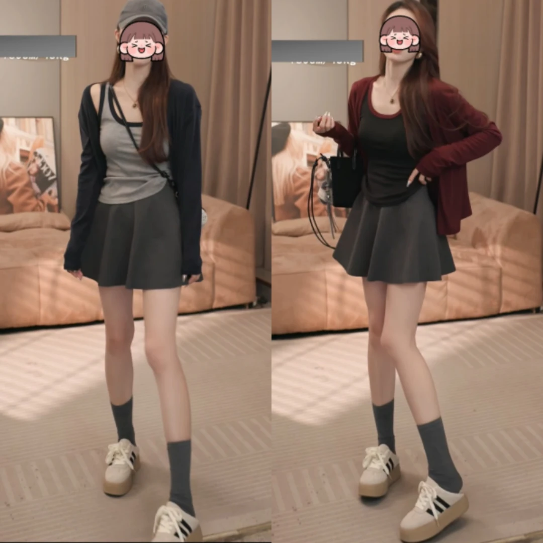 早秋新款时尚针织长袖外套背心真两件+百搭显瘦裤裙LK2506145