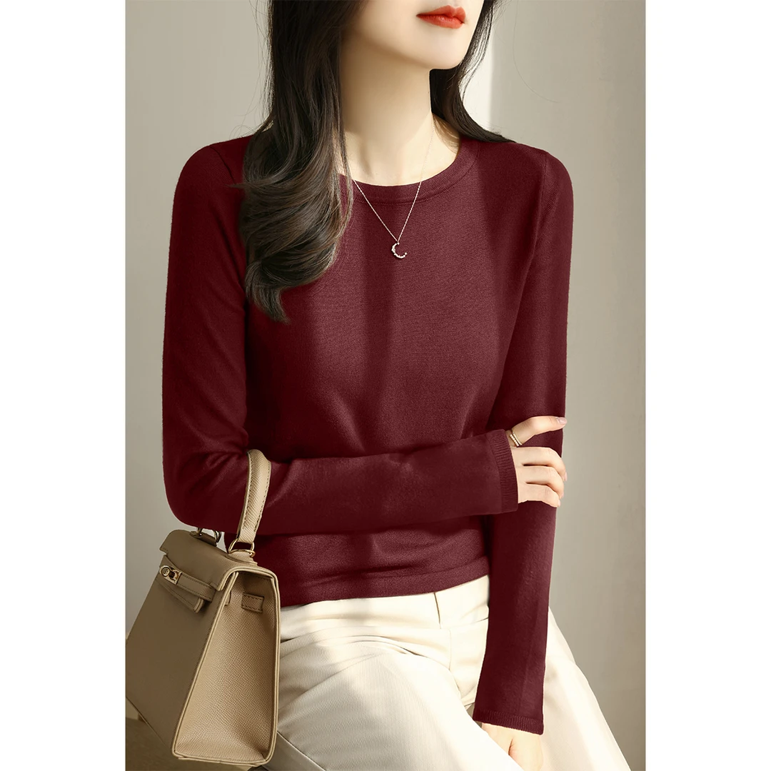 安哥拉红内搭打底上衣秋季新款气质圆领T恤修身显瘦长袖针织衫女