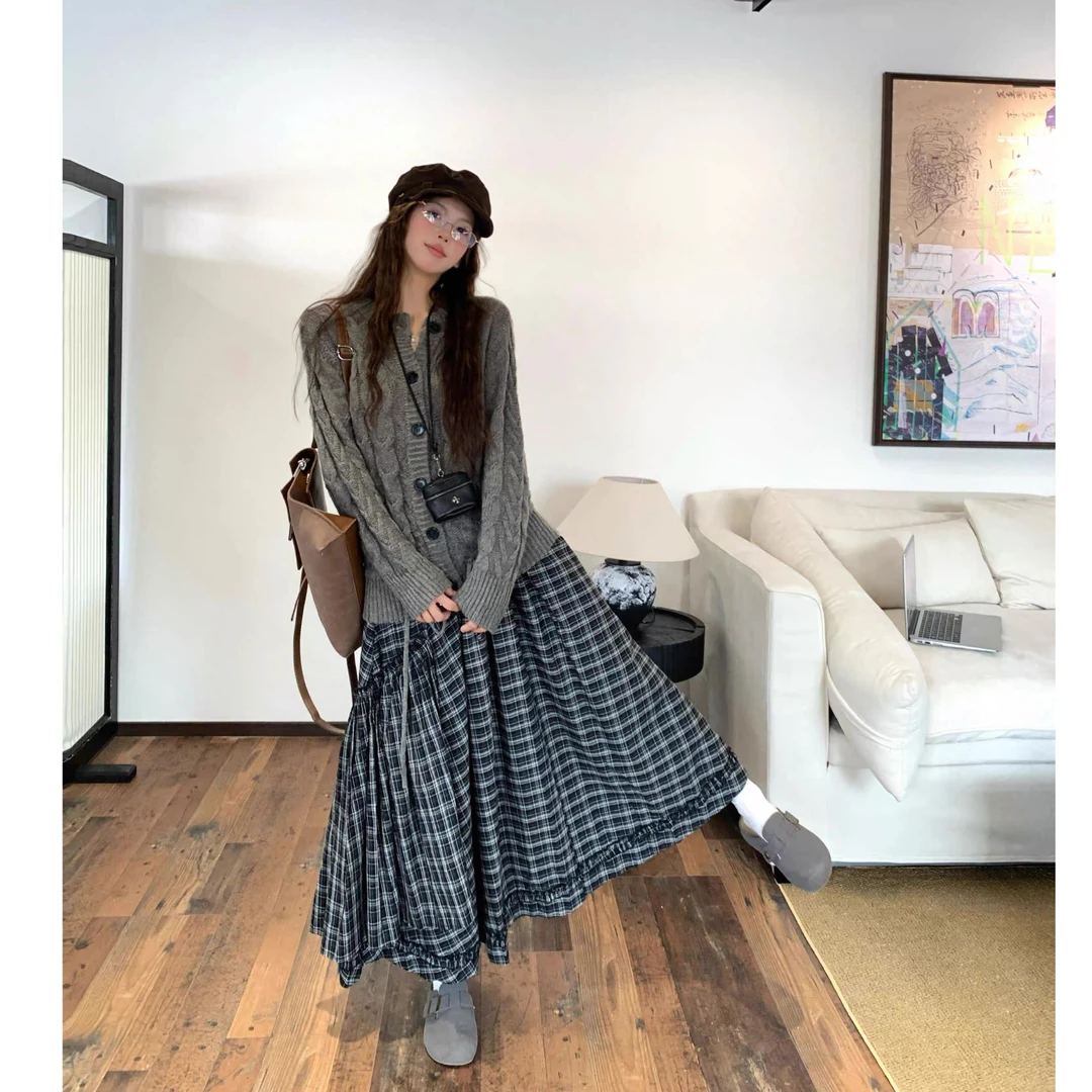 慵懒风宽松针织毛衣开衫女秋+小众下摆抽褶不规则半身裙Z  9424#