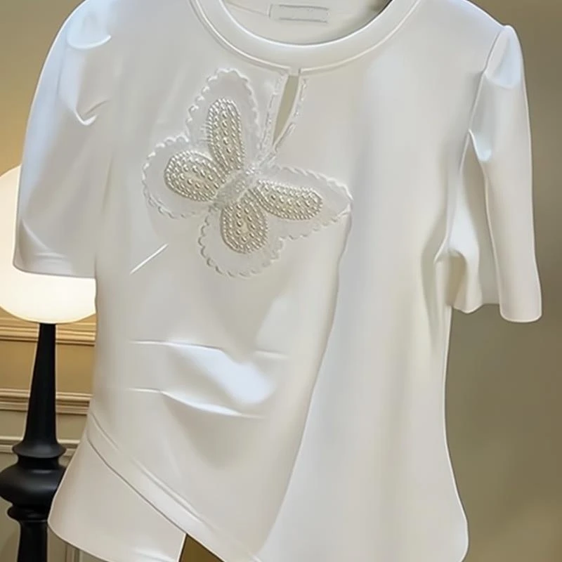 白色圆领蝴蝶镶钻不规则短袖恤女夏季女装新款百搭气质上衣