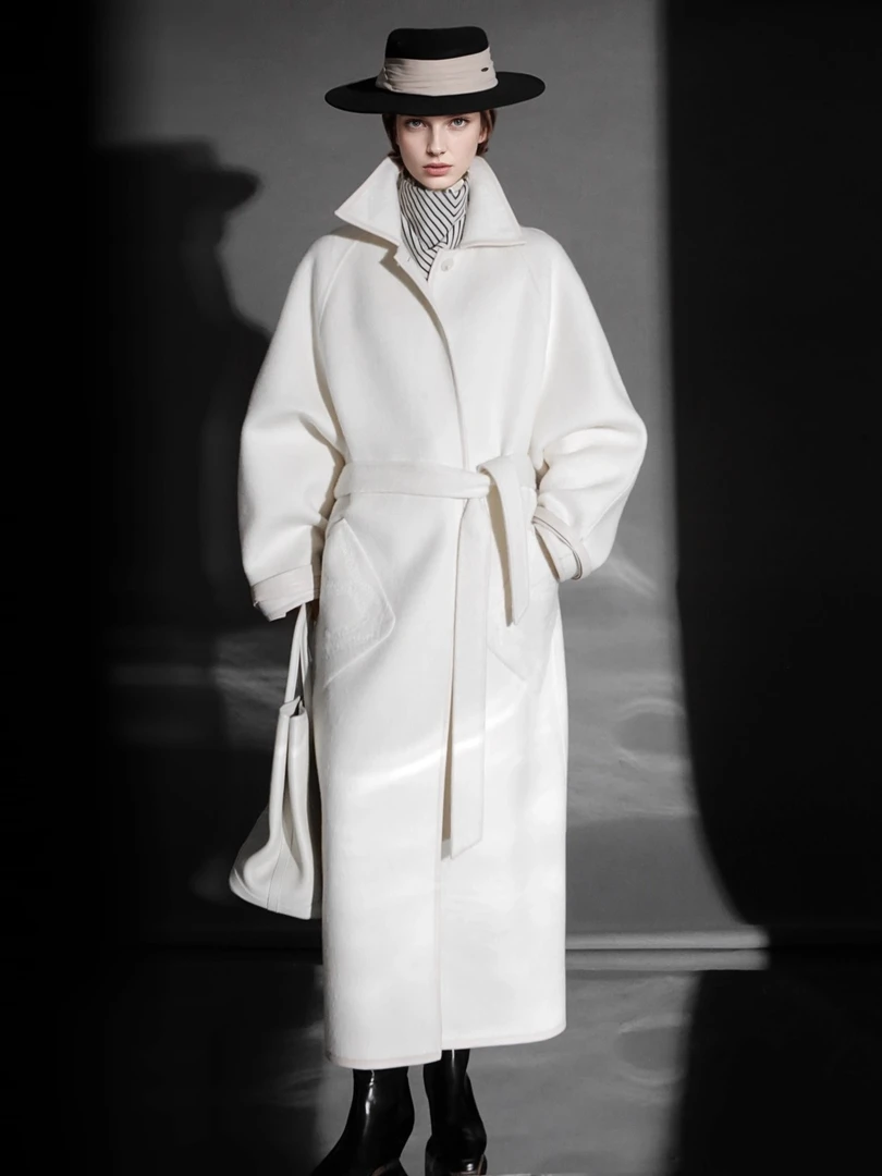 Meili-链影回廊暗纹设计皮边时髦廓形大衣女双面PI25A0104