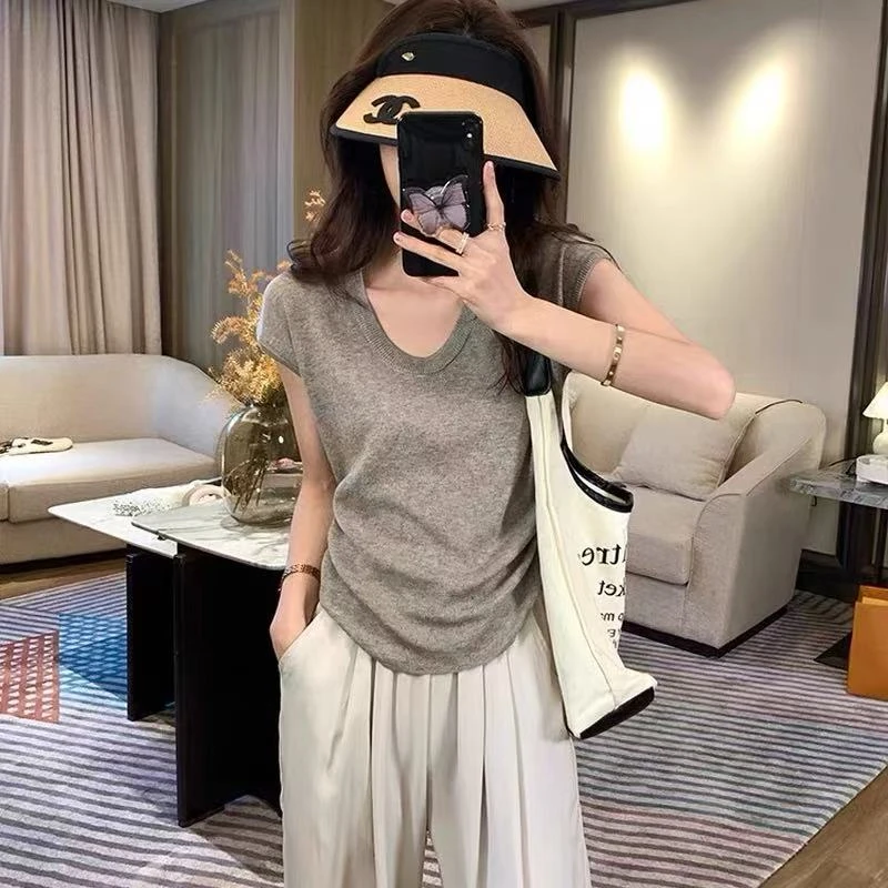 小飞袖u领针织短袖T恤法式温柔设计感上衣女夏季2025新款爆款ins