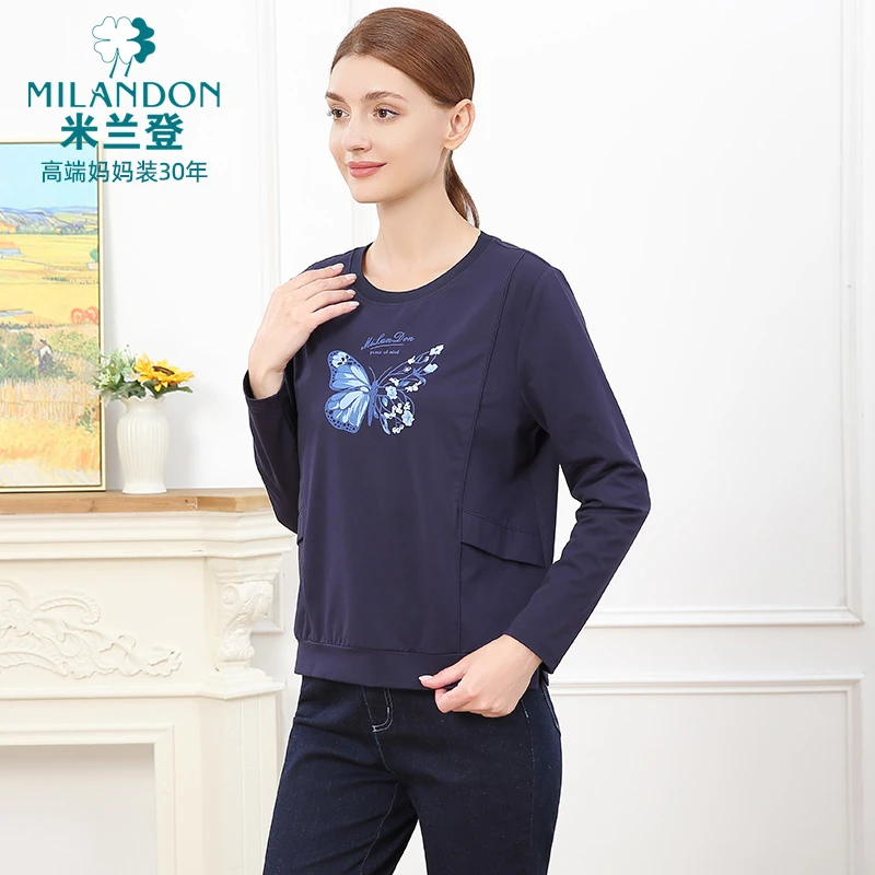 MILANDON/米兰登2025秋宽松印花休闲百搭圆领长袖T恤女1Q3T1106X