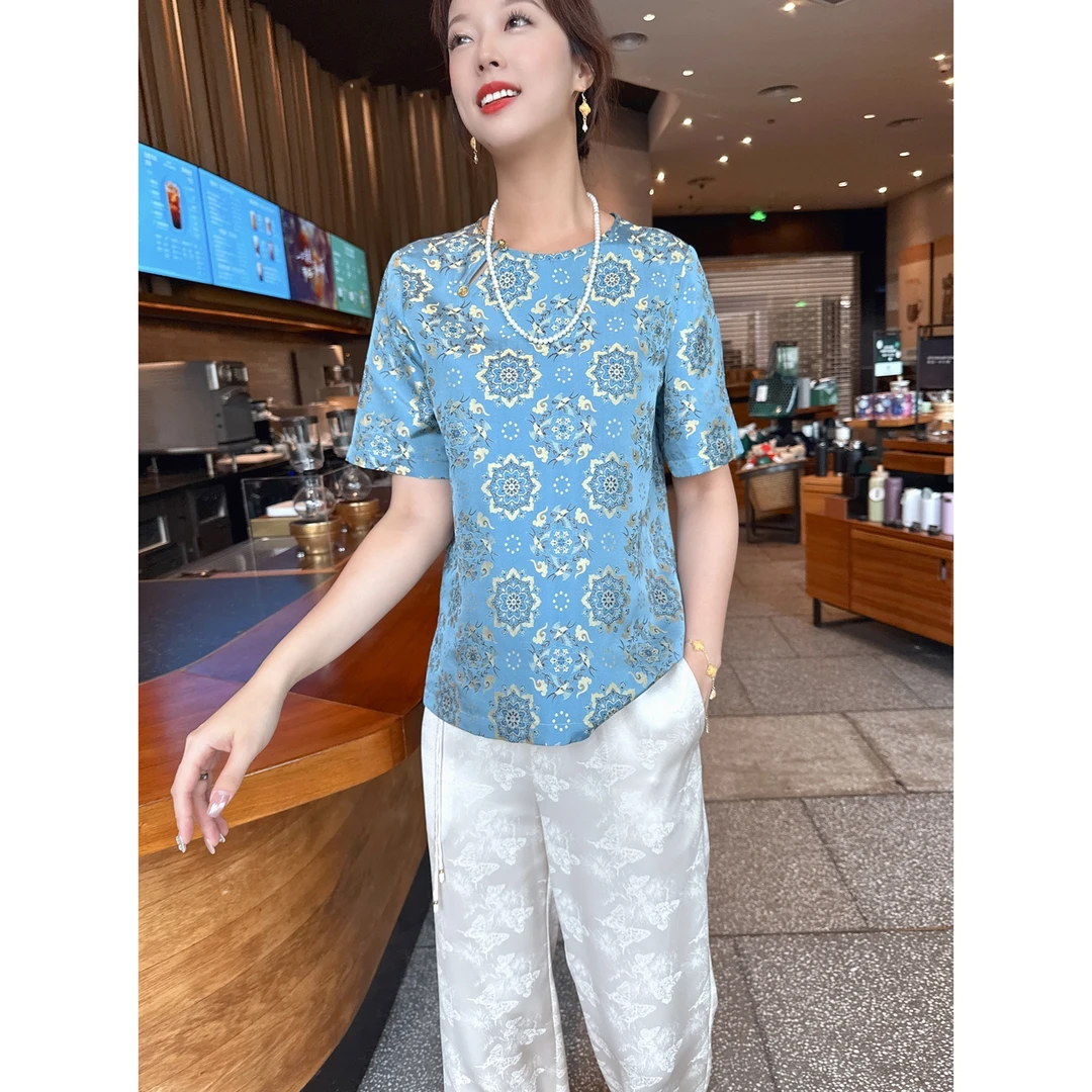 【深圳罗依】原创真丝衬衫女新中式非遗桑蚕丝宋锦提花气质短袖上衣